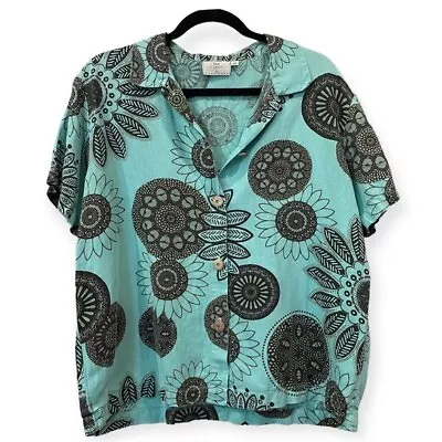 Hot Cotton By Marc Ware Linen Printed Short Sleeve Button Front Shirt Blue Med • $22