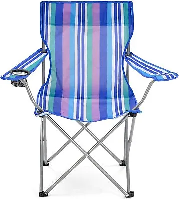 Folding Portable Captains Chair For Camping Beach Garden Fishing Blue Stripes • £13.95