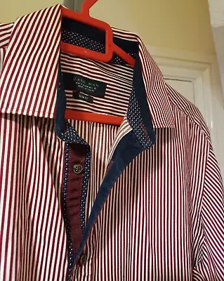 Zara Man Dress Shirt  Red  White Stripe Button Up Long Sleeve Mens Slim Fit Med • £9.99