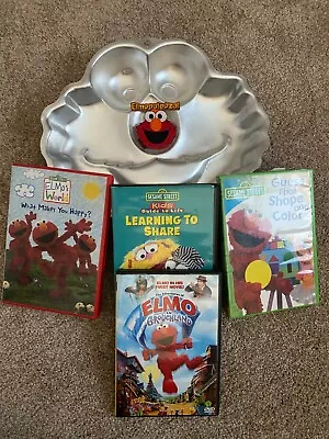 AWESOME Lot Of 6 Sesame Street ELMO Cake Pan + 4 DVD's + Adorable Elmo Patch  • $18.50