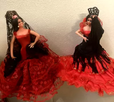 SET 2 VTG Marin Chiclana Spanish Dancer Dolls 5  Red Dress + Black Fringe SPAIN • $16