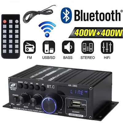 400W Bluetooth 5.0 HiFi Power Amplifier Audio Digital Stereo FM AMP With Remote • £18.89