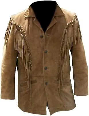 Men's Native American Cowboy Real Leather Jacket Fringe Suede Western Jacket • $109.99