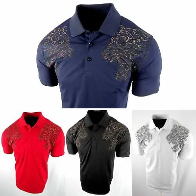 Mens Polo Shirt Tiger Print Shoulders Crystal Stones Slim Fit Stretch Casual • $15.99