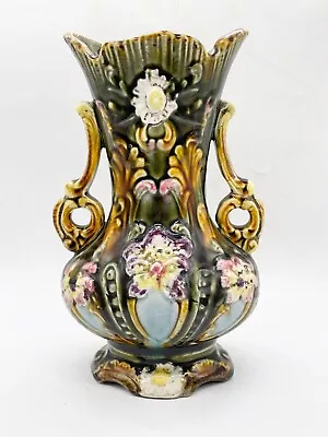 Antique Bohemian Majolica Art Nouveau Jugendstil Dark Green Floral Flower Vase • £69.99