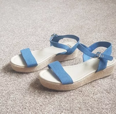 £4.99 • Buy Womans Denim Wedge Strappy Sandals Size 5 Great Condition