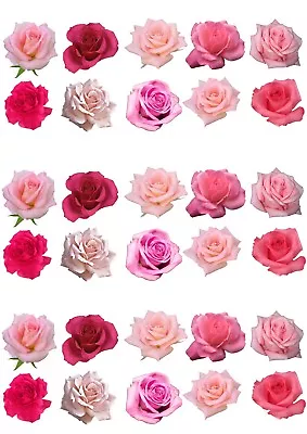 30 Beautiful Pink Roses Flowers Edible Wafer Paper Cupcake Cake Toppers • £2.49