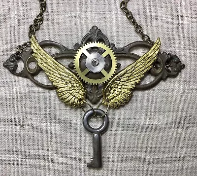 Steampunk Necklace- Gears  & Wings On Vintage Hardware Skelton Key 20” Chain • $35