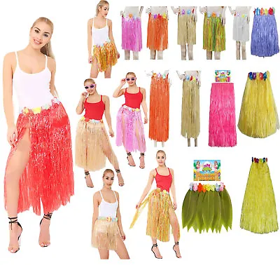 Hawaiian Hula Grass Dance Skirts With Flowers All Colours Fancy Dress Costume • £4.99