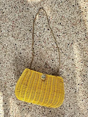 Vintage Basket Handbag Purse Faux Plastic Rattan Wicker Yellow With Gold Chain  • $25