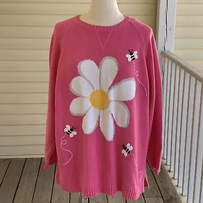 Quacker Factory Plus Size 3X Sweater Pink White Daisy & Crochet Bees Vintage • $34.99