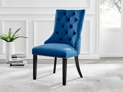 *Seconds* Belgravia Blue Velvet Knockerback Dining Chairs Black Leg Set Of 2 • £174.99