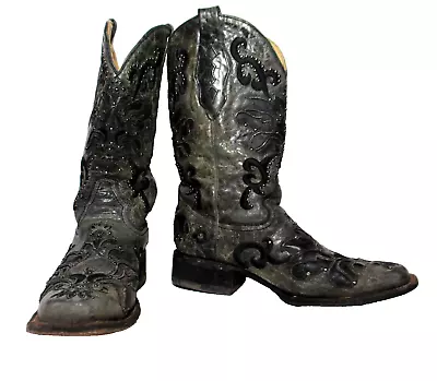 Corral Cowboy Boots 9M Gray Black Leather LD Black Crater Overlay With Studs • $94.99