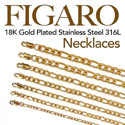 Figaro 18K Gold Plated Stainless Steel Link Chain Necklace Man Woman 14in-48in • $14.50