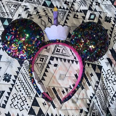 Minnie Mouse Confetti Rainbow Sequin Birthday Candle Disney Parks Ears Headband • $13.75