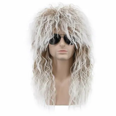 Men And Women Long Curly Brown Gradient White Wig 70s 80s Rocker Funny Costume  • £21.47