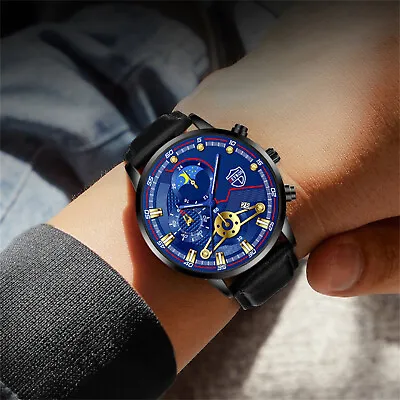 Fashion Sport Men's Stainless Steel Case Leather Band Quartz Analog Wrist Watch • $3.49