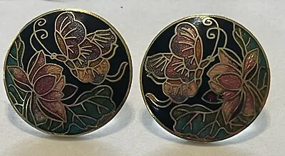 Vintage Signed Sea GemMulticolored CloisonnéEnamel Butterfly And Lotus Earrings • $6
