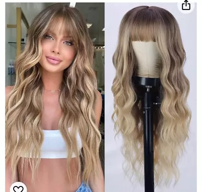 Ainimiu Ombre Blonde Wig With Bangs Long Blonde Wavy • £16.99