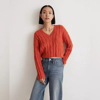 Madewell Cable-Knit V-Neck Crop Sweater In Roasted Squash Size Medium • $40