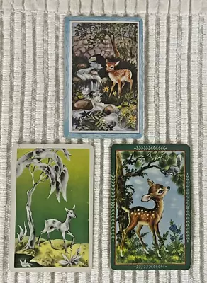 3 Vintage Playing Cards ~ Deer ~ Fawns ~ Squirrel/Trees/Stream/Flowers ~ Swaps • $1.50