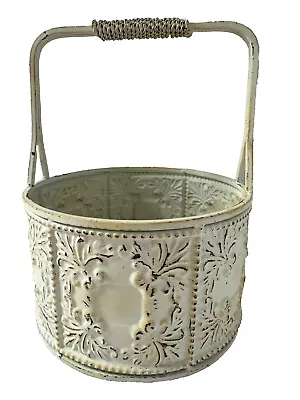 Vintage Distressed White Ornate Metal Basket Bucket Handle Farm Rustic Chic Deco • $27.95