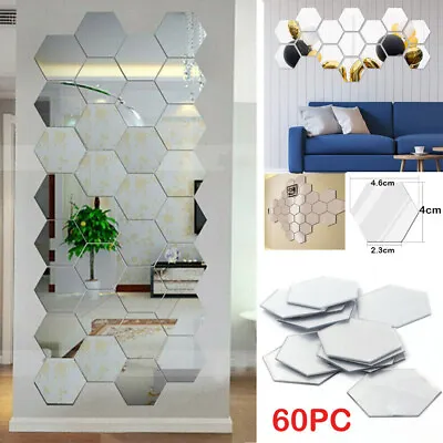60x 3D Hexagon Mirror Tiles Wall Stickers Self Adhesive Decor Stick On Art Home • £4.59