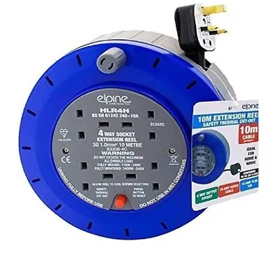 Power Lead Cable Extension Reels Electrical Mains Plug Camping 4 Way 10m • £16.05