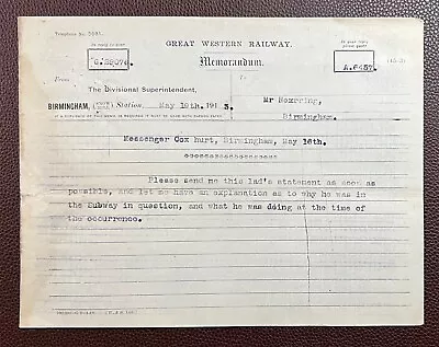 £4.99 • Buy 1931 Great Western Railway Memorandum Divisional Superintendent Birmingham