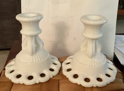 Vintage Westmoreland Milk Glass Doric Open Lace Candle Stick Holders White • $14