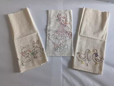 3 Vintage Hand Embroidered Tea Towels - Mother Goose Ducks & Rabbits • $10