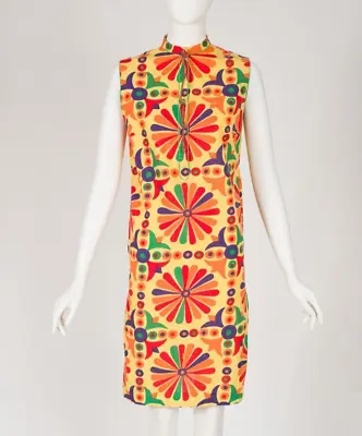 1960s Vintage Geometric Print Indian Cotton Shift Dress By India Pona Sz S M • $85