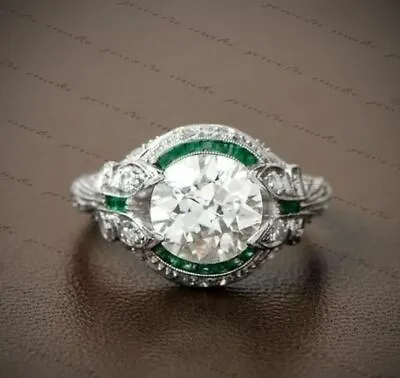 Vintage Art Deco 2.50 Ct Round Cut CZ & Green Engagement Wedding 925 Silver Ring • $118.13