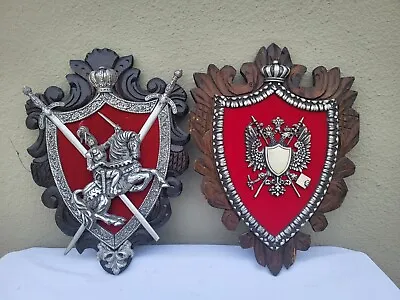 Pairs Vtg Wood Metal Medieval Knight Shield Crest Wall Code Of Arm • $350