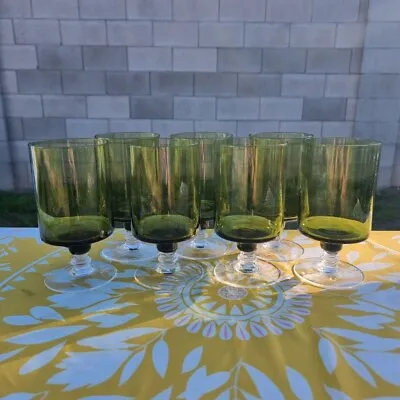 Set Of 7 Vintage Sasaki Crystal Regency Olive Green- Water/Wine Glasses 55  • $50