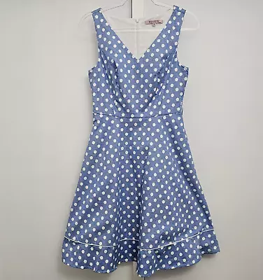 Review Dress 10 Polka Dot Blue White Fit And Flare V Neck Pockets Ladies No Belt • $59.99