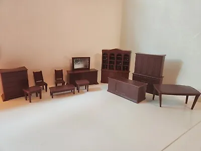 Vtg Dollhouse Furniture Living Room Bedroom TV Lot Stereo Brown Plastic • $15