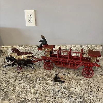 Vintage Large 25” Cast Iron Fire Hook & Ladder - Fire Truck 3 Horse Drawn Wagon • $49.99