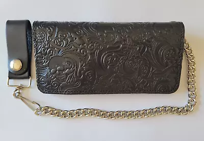 Black  Genuine Leather Trucker Biker 7  Wallet W/ Chain  Skulls • $32.95