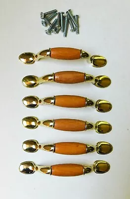 $4.99 • Buy 6 Brass Oak Wood Cabinet Drawer Pulls Handles 5  Lot 4