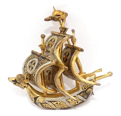 Vintage Damascene Pin Brooch Spanish Dragon Ship Black Enamel • $21.95