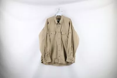 Vintage Cabelas Mens Large Distressed Double Pocket Collared Button Shirt Beige • $35.95