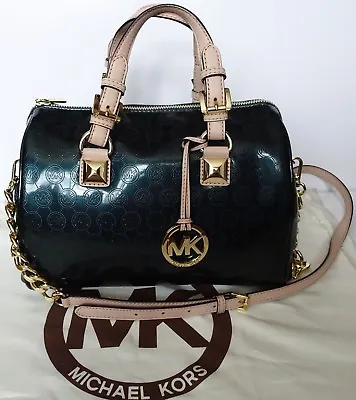 Michael Kors Grayson Logo Monogram Metallic Mirror Satchel Hunter Green Bag • $350