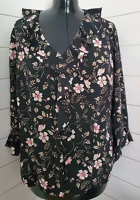 Sag Harbor Woman Ruffle V Neckline Button Up Top 16W Black Multi Floral Vintage • $12