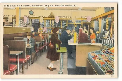 Postcard Soda Fountain & Booths Earnshaw Drug Co. Eat Greenwich RI VTG ME4. • £6.74