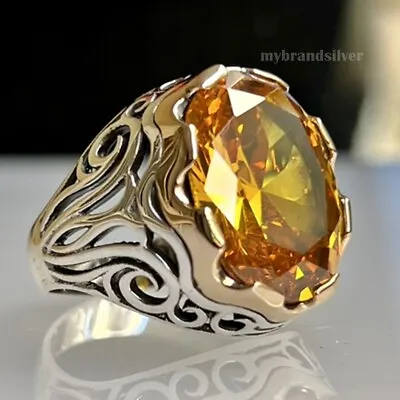 Men's Ring 925K Sterling Silver Turkish Handmade Jewelry Citrine Stone All Size • $56