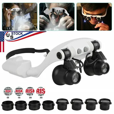 Headband Head Magnifier 8 Lens With LED Light Jeweler Loupe Glass Magnifying Set • $14.89
