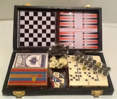 5 In 1 Magnetic Travel Games Set W/ Case MINT Chess Backgammon Cribbage Dominoes • $20