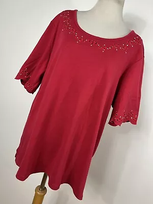 Quacker Factory 1X Shirt Top Red Eyelet Embroidered Embellished Short Sleeve V5 • $20.40