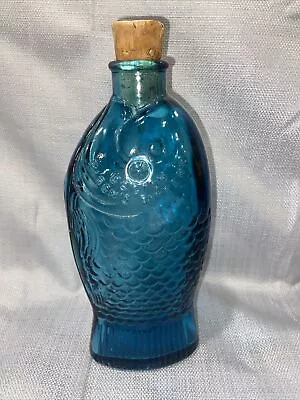 Vintage  Blue Glass Fish Bottle With Cork Great Condition • $16